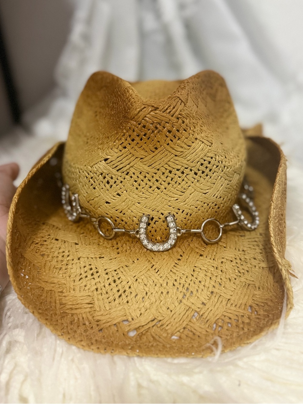 Peter Grimm Straw Cowboy Hat Rhinestone Horseshoe Band Western Straw Hat #050